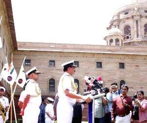 Admiral Dinesh Kumar Tripathi addresses the media during a guard of honour ceremony before assuming charge as the 26th Navy chief