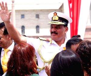 Admiral Dinesh Kumar Tripathi during a guard of honour ceremony before assuming charge as the 26th Navy chief