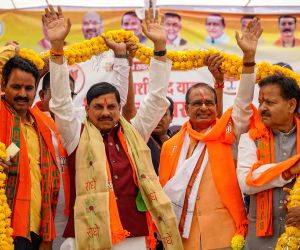 Madhya Pradesh Chief Minister Mohan Yadav and former CM Shivraj Singh Chouhan during a public meeting amid ongoing Lok Sabha Elections